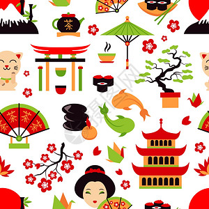 传统图案日本符号与传统的食品旅游图标无缝图案矢量插图插画