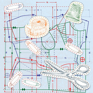 服装制作素描配件与蓝纸缝纫图案背景矢量插图图片