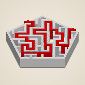 迷宫三维六角迷宫拼图游戏与红色路径解决方案矢量插图图片