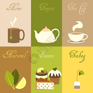 茶迷你海报与家庭茶壶杯天然糖果茶袋隔离矢量插图图片