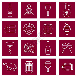 葡萄酒酒精饮料轮廓图标集酒璃瓶隔离矢量插图图片