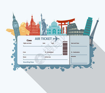 飞机旅行票与世界著名的地标图标矢量插图图片