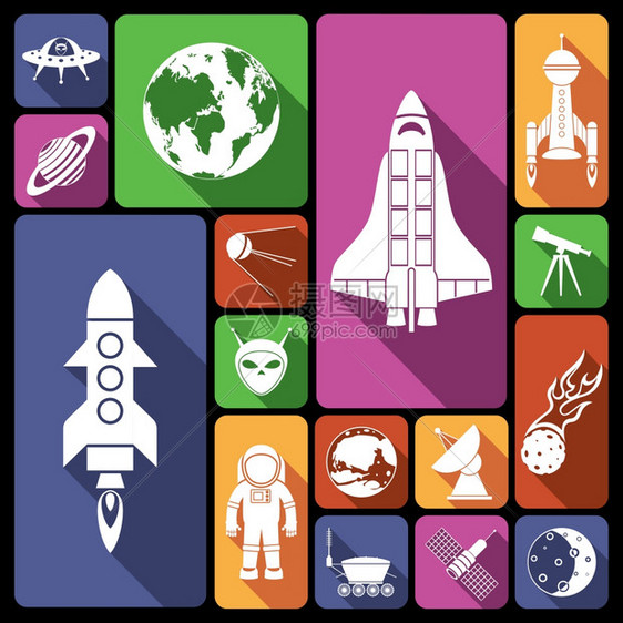 天文学平图标火箭航天员飞碟孤立矢量插图图片