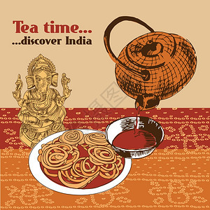 经典麻辣茶时间蛋糕大象头神符号发现印度海报与茶壶矢量插图图片