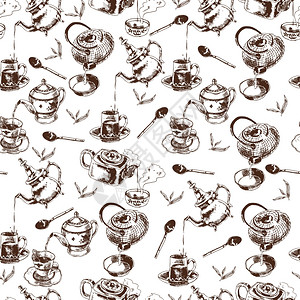 茶壶杯子传统茶道配件,老式无缝包装纸图案,涂鸦素描矢量插图图片