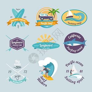 海滩冲浪夏季游艇标签矢量插图图片