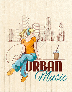 城市音乐海报与轻女孩城市背景素描矢量插图图片