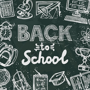 复古教育图标黑板背景与回学校文本海报矢量插图图片