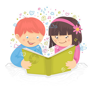 孩子们男孩女孩读桌子海报矢量插图上的书图片