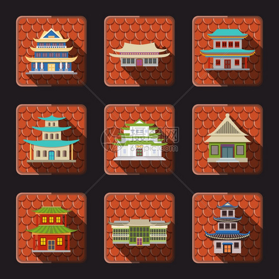 中国房屋传统木制东方建筑图标瓷砖背景孤立矢量插图图片