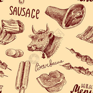 肉类食品装饰无缝图案与烧烤香肠萨拉米矢量插图图片