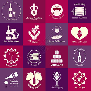 葡萄酒标志集葡萄枝酒庄桶孤立矢量插图背景图片