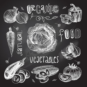 蔬菜天然机新鲜食品黑板孤立矢量插图图片