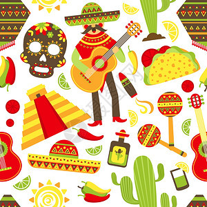 墨西哥无缝图案与旅游传统音乐拉丁裔美国符号矢量插图图片