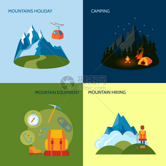 山区露营图标平与假日设备徒步旅行孤立矢量插图图片