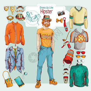 毛衣男时髦男孩包装素描复古装饰图标,衣服配件矢量插图插画