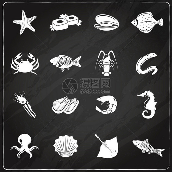 海鲜图标黑板与寿司海鲜餐厅菜单隔离矢量插图图片
