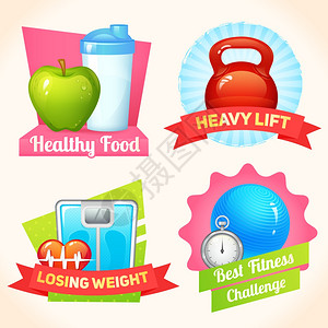 健康食品,健身生活方式,重型电梯标签矢量插图图片