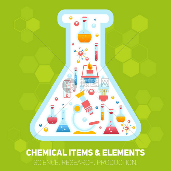 科学研究,化学教育,实验室设备元素,实验室瓶信息图集矢量插图图片