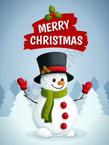诞快乐海报与雪人围巾手套帽子冬季森林背景矢量插图图片