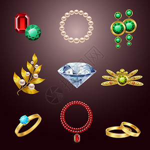 珠宝写实图标钻石黄金时尚昂贵配件孤立矢量插图图片