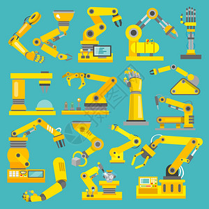 机器人手臂制造技术工业装配机械平装饰图标孤立矢量插图插画
