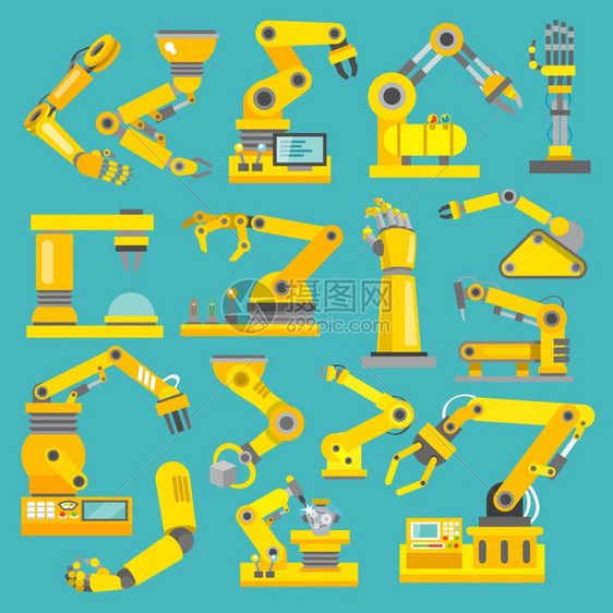 机器人手臂制造技术工业装配机械平装饰图标孤立矢量插图图片