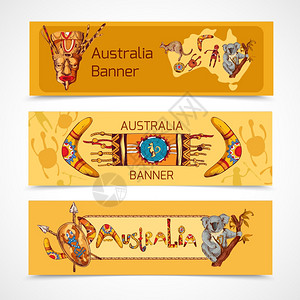 澳大利亚土著部落民族彩色素描水平横幅矢量插图图片