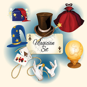 魔术师装饰彩色图标与魔术帽子卡缸孤立矢量插图背景图片