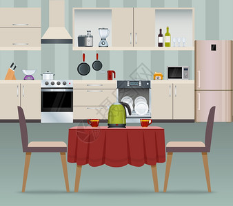 厨房内部现代家庭食品烹饪餐厅现实海报矢量插图图片