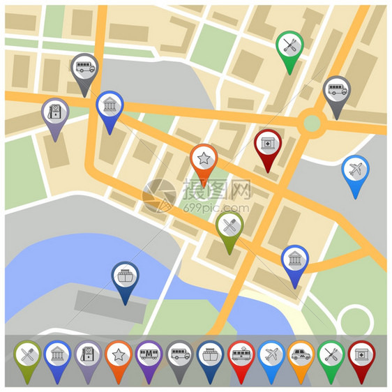 旅游城市路线图与导航GPS引脚图标矢量插图图片