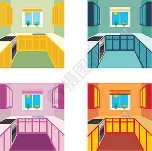 厨房内部四种颜色变体厨房家具图片