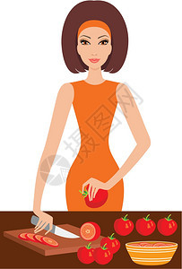 轻的女人切西红柿图片