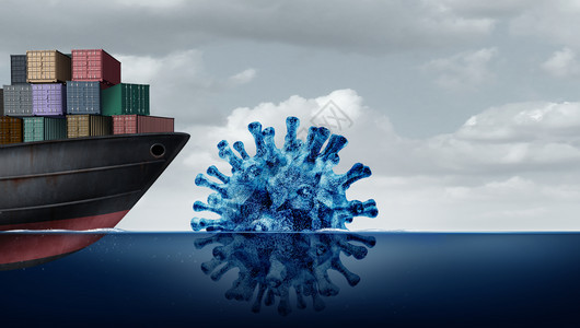 将冠状或流感作为面临危险的冰山货运船作为商业进口出管理隐喻作为三点说明处理海运疾病风险和货物流图片