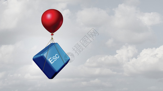 音键元素逃离商业自由概念的作为esc计算机键由配有三维插图元素的气球解除背景
