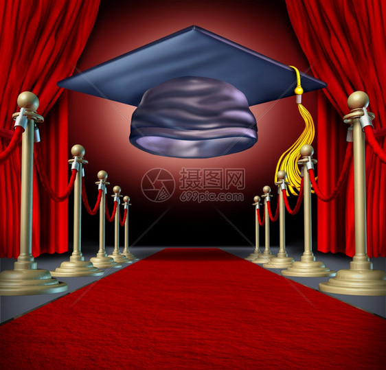 毕业典礼和庆祝概念作为戏剧舞台上的迫击板放在红地毯上作为大学或完成业的教育象征图片