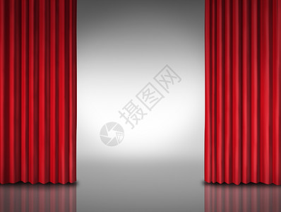 电影表演的娱乐背景在一个光滑的戏剧舞台或商店的开口放红色天鹅绒窗帘或出发光的白色背景图片