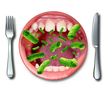 食物中毒疾病健康概念用一个餐盘形成作为张开的人类口有危险的细菌可能因腐蚀污染的成分而生病造严重的健康问题背景图片