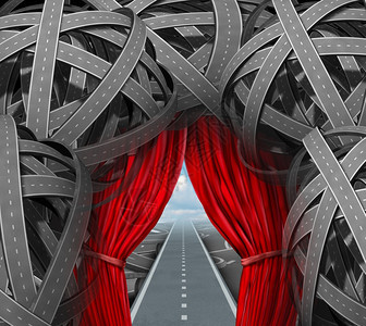 利用开放的红窗帘穿过缠绕不平的道路和公迷宫通过开阔的红窗帘直通成功的道路图片