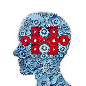 心理学谜头概念与人脸放在侧面由连接的齿轮和组成一红色的齿轮形成一个拼图片作为认知智能功的医学隐喻图片