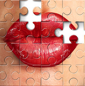 美容化妆和挑战红女嘴唇的口女嘴唇在一个不完整的拼游戏中图片