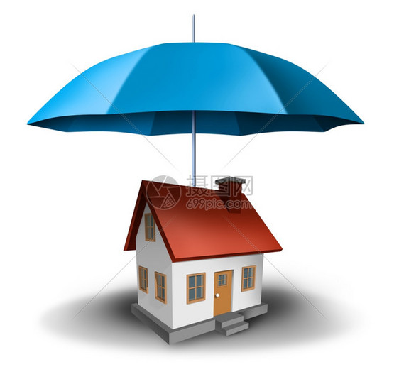 房产保险和地安全屋以的蓝色伞保护作为住宅障的象征免于抵押贷款付或白色背景的损坏图片