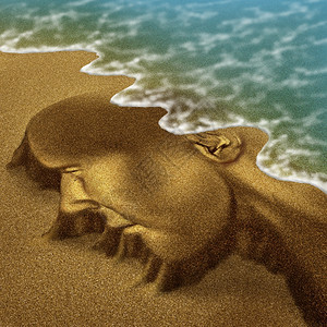 海边沙滩上形成立体的人像雕刻图片