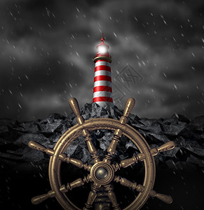 领导决策和战略在经历风暴和动荡的商业挑战时以风雨作为轮船图标以灯塔为警告前面的困难和危险背景图片