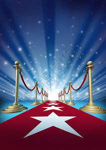 电影明星的红地毯娱乐剧场设计背景配有金绳的屏障和闪亮点灯光闪发亮的火花象征着一场重要事件背景