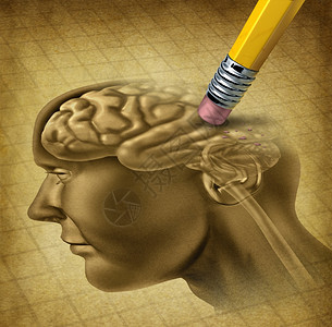 老年痴呆症脑功能丧失和记忆作为神经学和精问题的医学保健象征用铅笔擦拭器将旧纸上的头部解剖除掉图片
