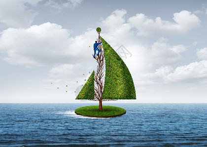 将一棵树塑造成有3个插图元素的移动帆船形人作为商业发展隐喻和战略前瞻创造思维的人图片