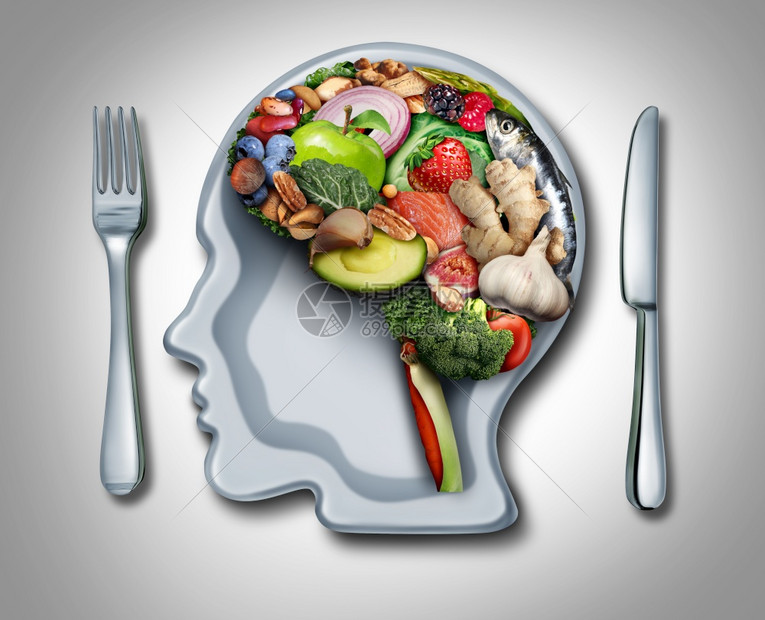 健康食品如脑部饮和物心理学或营养精神病其形状为脑器官板形3d插图元素的人体头部图片