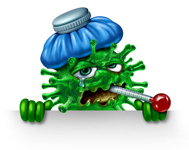 流感特征标志和冬季流感图标作为染的象征作为发烧病的卡通原体细胞用冰袋和温度计作为3d概念图片