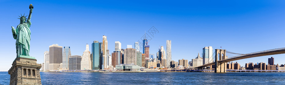 纽约自由神像全景象纽约州布鲁克林新州纽市下曼哈顿摩天大楼建造城市景色图片